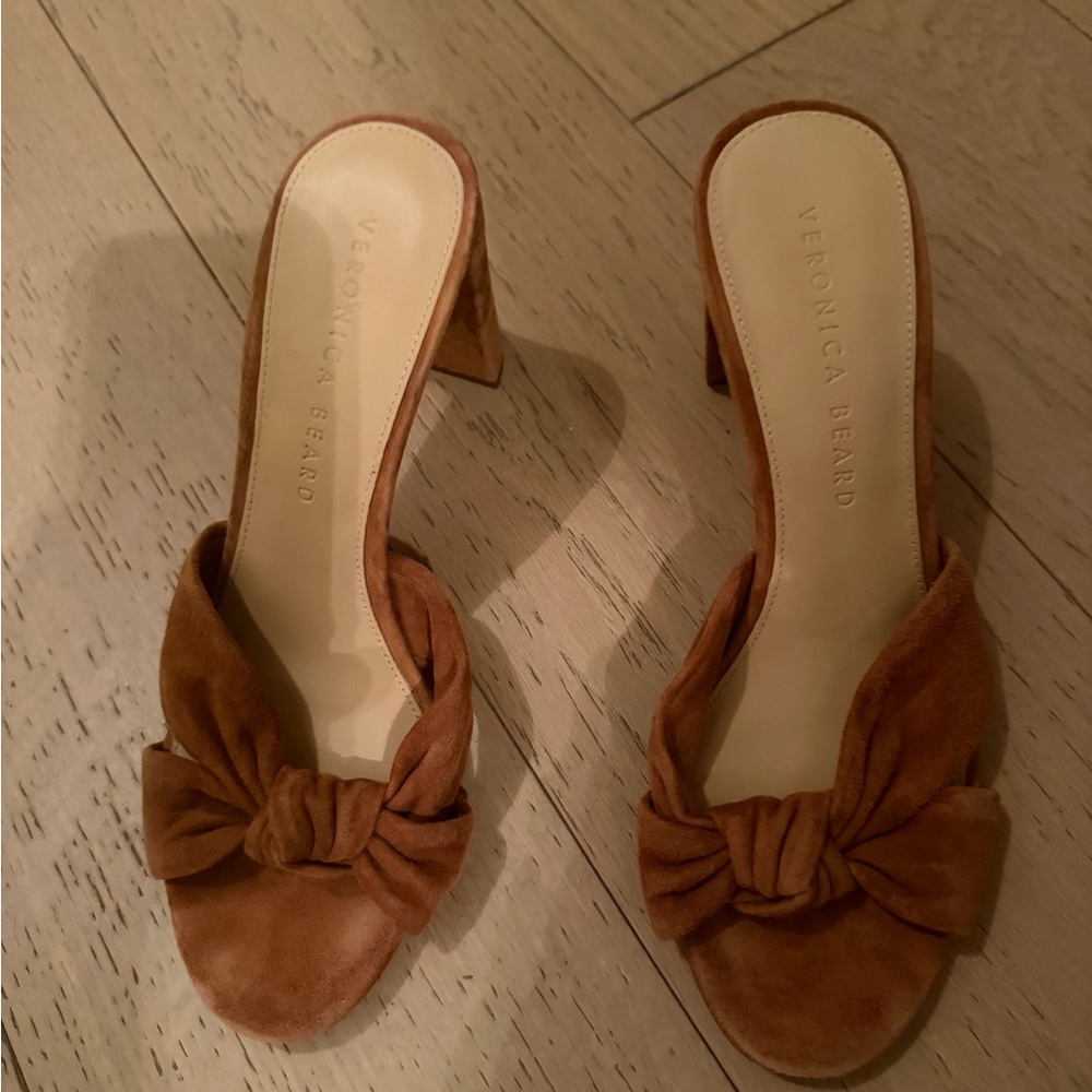 Veronica Beard Tan Suede Knot Mules
